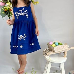 Blue with white, delicate hand embroidered girls dress,  size4